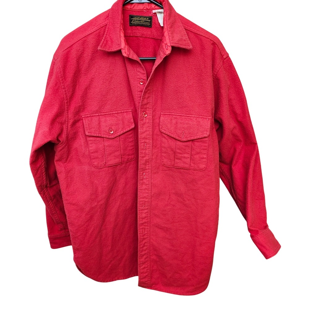 Vintage Eddie Bauer Mens Medium Red Chamois Shirt Cotton Long Sleeve Made in USA